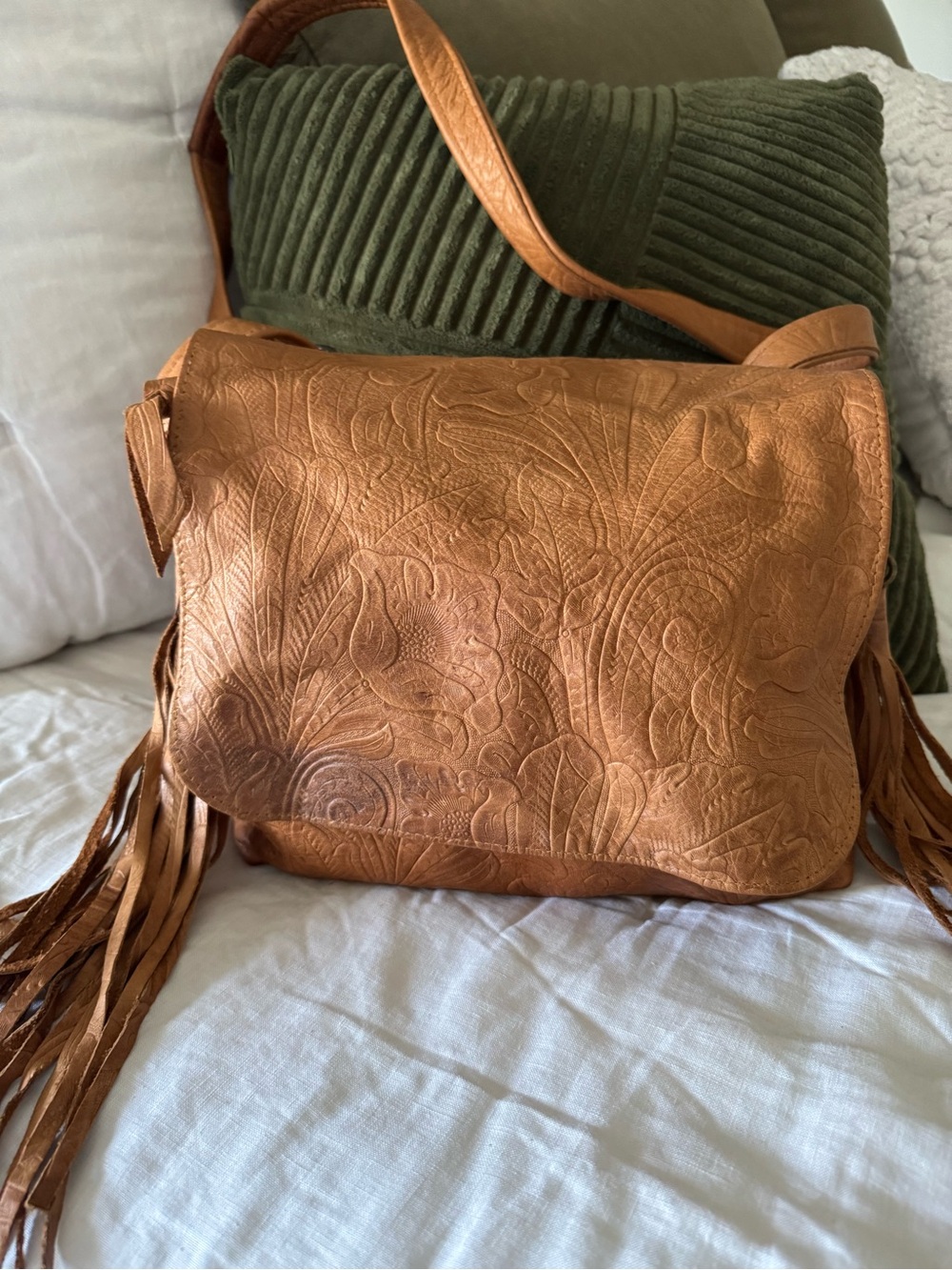 Embossed Leather Fringe Crossbody/Backpack Bag - Tan